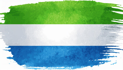 Watercolor painting of Sierra Leone national flag. Independence day. Hand drawn art.