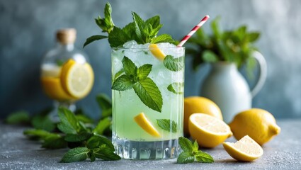 Fototapeta premium Refreshing summer cocktail with mint and lemon slices garnished in a glass surrounded by fresh mint leaves and lemons on a textured backdrop.