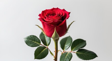 Naklejka premium Red rose bud with lush green leaves against a clean white background symbolizing love and beauty in floral design and nature themes.