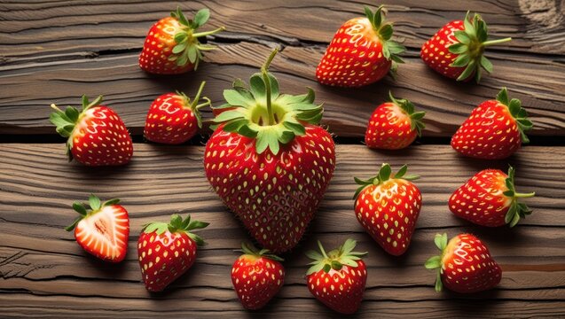 Fresh ripe strawberries scattered on rustic wooden surface displaying vibrant colors and textures of summer fruits. - Powered by Adobe