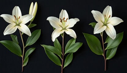 Three white lilies on black background
