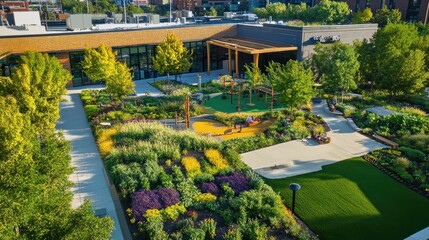 Obraz premium Rooftop garden with playground, paths, and vibrant flowers.