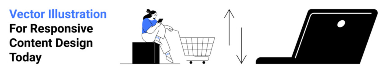 Woman seated beside shopping cart interacting with smartphone, laptop screen adapts highlighted. Ideal for e-commerce, responsive design, tech, usability, mobile apps, UIUX, flat landing page banner