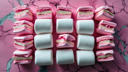 Colorful marshmallows arranged neatly on a pink marble background emphasizing sweet treats and dessert themes in a flat lay composition.
