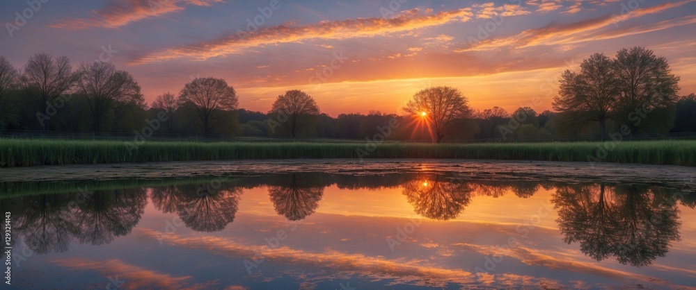 Wall mural tranquil sunset over still pond with vibrant reflections and open space for text display