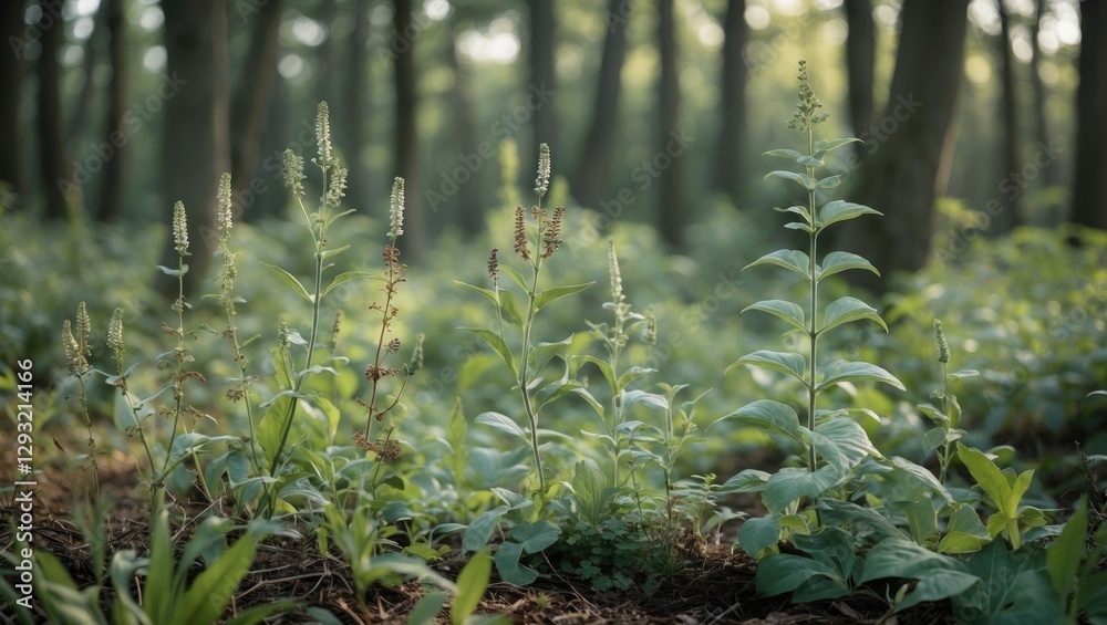 Poster lush green wild plants in serene forest setting with ample copy space for text overlay usage