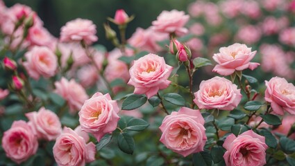 Fototapeta premium Blossoming Pink Roses in Garden Setting with Selective Focus and Shallow Depth of Field Perfect for Text Placement and Nature Themes