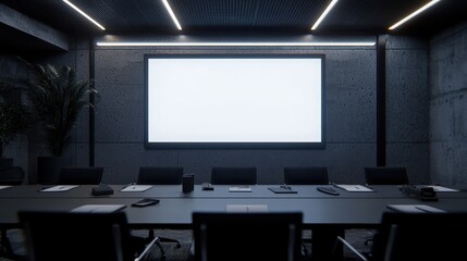 Modern Conference Room with Blank Screen and Minimalist Design