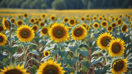 Vibrant Sunflower Field with Bright Yellow Blooms and Lush Green Foliage Perfect for Nature-Themed Projects and Text Overlay Opportunities