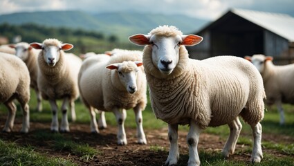 Obraz premium Flock of white sheep grazing on a lush farm pasture with a rustic barn and rolling hills in the background under a cloudy sky.