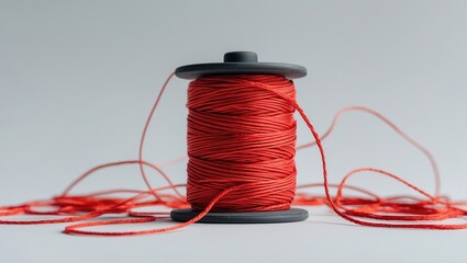 Red sewing thread spool on a white background with strands of thread artistically arranged around it. Ideal for crafting and textile projects.