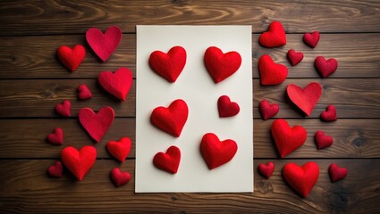 Red felt hearts arranged around a blank sheet of paper on a wooden table ideal for Valentine's Day or romantic messaging concepts