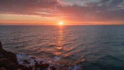 Naklejka premium Tranquil Sunset Reflecting Over Calm Ocean Waters with Dramatic Cloud Patterns