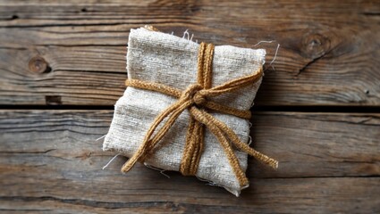 Rustic textile tied with natural twine on a wooden surface showcasing sustainable reuse and craft aesthetics.