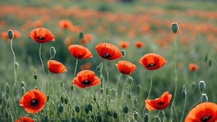 Obraz premium Vibrant Red Poppy Flowers Blooming Beautifully in a Lush Green Meadow Field Under Bright Blue Skies