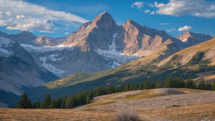 Fototapeta premium Majestic Rocky Mountain Landscape at Dawn with Snow-Capped Peaks and Lush Green Valleys Under Dramatic Sky