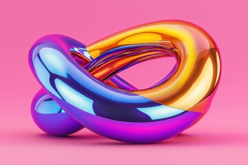 Fototapeta premium A vibrant, colorful abstract sculpture intertwined on a pink background, showcasing smooth reflective surfaces and a modern artistic style.