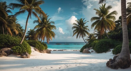 Fototapeta premium Tropical beach paradise with palm trees and white sand creating a serene vacation landscape for tranquil travel inspiration.