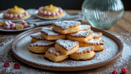 Polish and Lithuanian faworki dessert dusted with powdered sugar served on a wooden plate with decorative elements for a festive presentation.