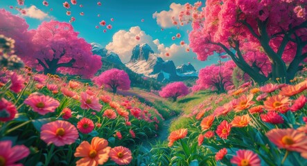 Vibrant landscape with blooming flowers and pink cherry blossom trees under a clear blue sky with majestic mountains in the background