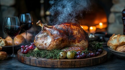 Festive Thanksgiving Turkey with Wine and Fireplace Ambiance, Generated AI