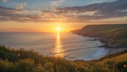 Obraz premium Scenic Sunrise Over Coastal Landscape with Golden Light Reflections on Ocean Water and Vibrant Greenery in Summer Serenity