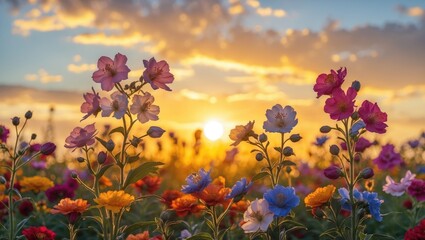 Fototapeta premium Vibrant Summer Flowers Against a Golden Sunset Sky with Colorful Blooms in a Warm Evening Atmosphere