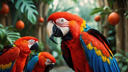 Obraz premium Vibrant Red Macaws in Tropical Habitat Surrounded by Lush Greenery and Exotic Fruits Showcasing Beautiful Plumage and Social Interaction