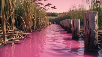 Tranquil pink lake scene with reeds and wooden stumps creating a serene natural landscape perfect for relaxation and peaceful ambiance.