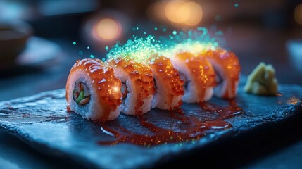 Delicious Sushi Roll with Caviar and Edible Glitter on Plate Close-up, Generated AI