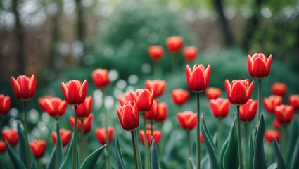 Naklejka premium Vibrant red tulips blooming in a lush green garden with a soft blurred background creating a serene and colorful atmosphere.