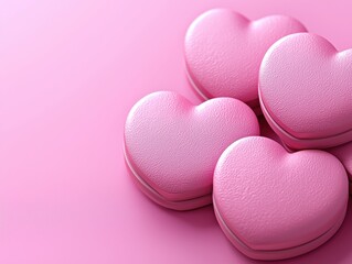 Fototapeta premium Four pink heart-shaped desserts on a soft pink background, designed for celebrations.