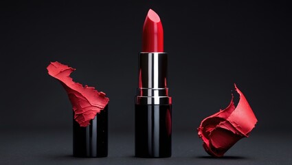 Bold red lipstick with shavings on a sleek black background showcasing elegance and luxury in cosmetics.