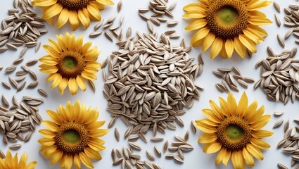 Sunflower seeds and vibrant flowers arranged on a white background showcasing nature's beauty and healthy snacking options.