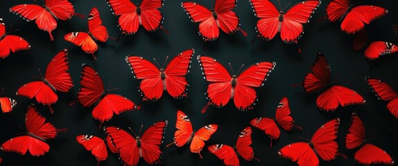 Vibrant red tropical butterflies on a black background ideal for design projects and decorative purposes.
