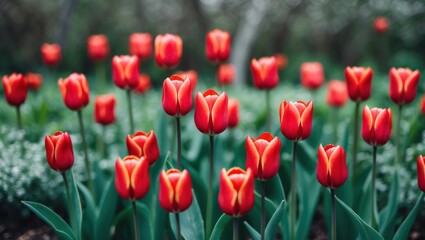 Obraz premium Vibrant red tulips in a lush garden setting highlighting nature's beauty with soft greenery and a blurred background for a dreamy effect.