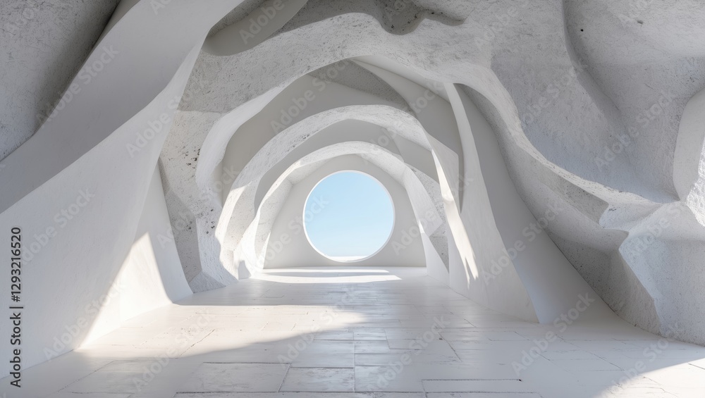Canvas Prints abstract architectural space with flowing white walls and a circular window allowing natural light t