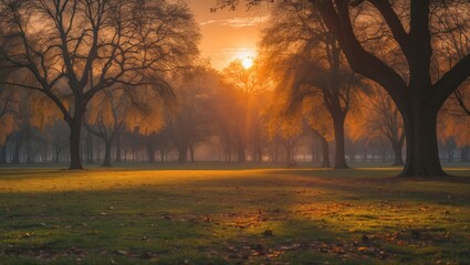 Fototapeta premium Serene Sunrise Over Tranquil Park Illuminating Autumn Trees and Lush Green Grass in Early Morning Light