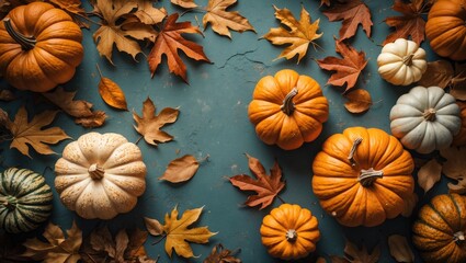 Autumn harvest scene with assorted pumpkins and colorful dry leaves on a rustic background capturing seasonal warmth and charm.