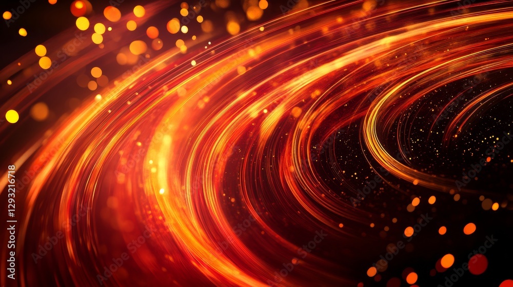Poster Abstract swirl of orange and red light trails with bokeh effect, dynamic motion. Energy and vitality concept