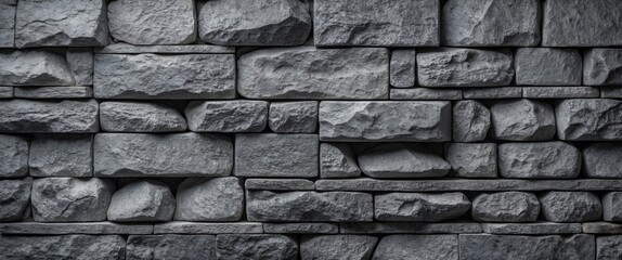 Obraz premium Gray stone wall texture with unevenly shaped stones creating a rustic background for design projects or architectural applications.
