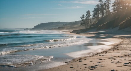 Obraz premium Serene Beach Scene with Gentle Waves and Coastal Trees Under Clear Blue Sky Ideal for Text Overlay and Relaxation Themes