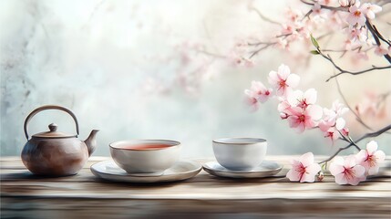 Fototapeta premium White teacup with flowers on saucer and spoon