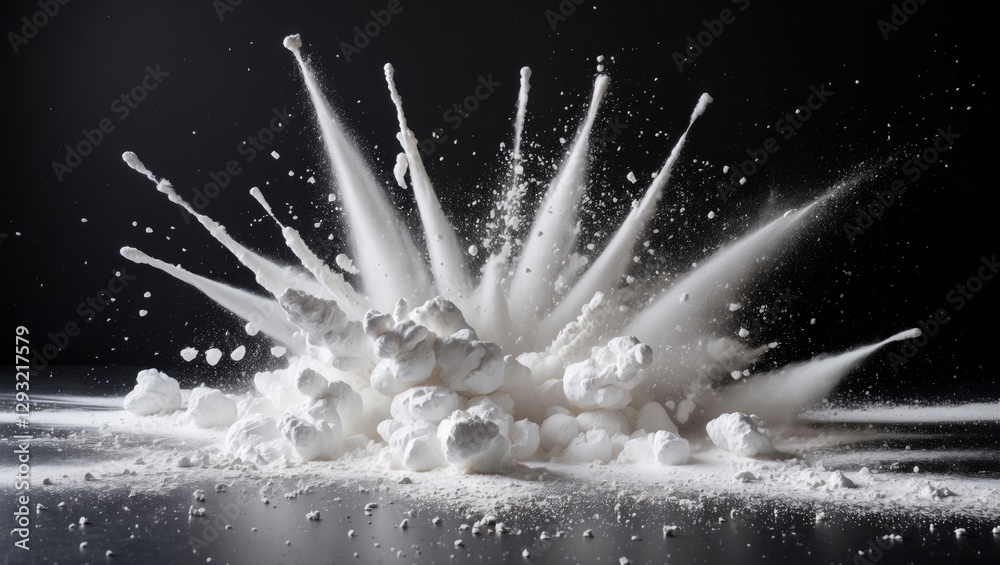 Poster white powder explosion creating dynamic patterns on a dark background showcasing movement and energy
