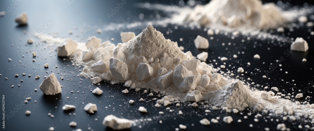 Poster chalk powder scattered on a black surface creating texture with ample copy space for messages and de