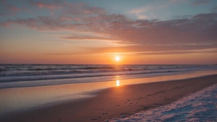 Serene Winter Sunset Over Tranquil Beach with Waves and Reflections on Sand