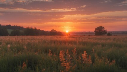 Fototapeta premium Serene Sunset Over Lush Meadow With Golden Flora Illuminated By Warm Evening Light