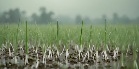 Obraz premium Rice seedlings growing in a lush green field with waterlogged soil and ample space for text or branding in a tranquil agricultural setting