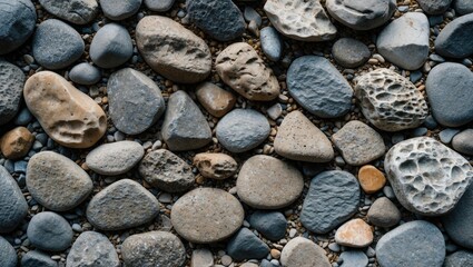 Natural river stones texture on ground creating a visually appealing mosaic of diverse shapes and colors for design and background use.