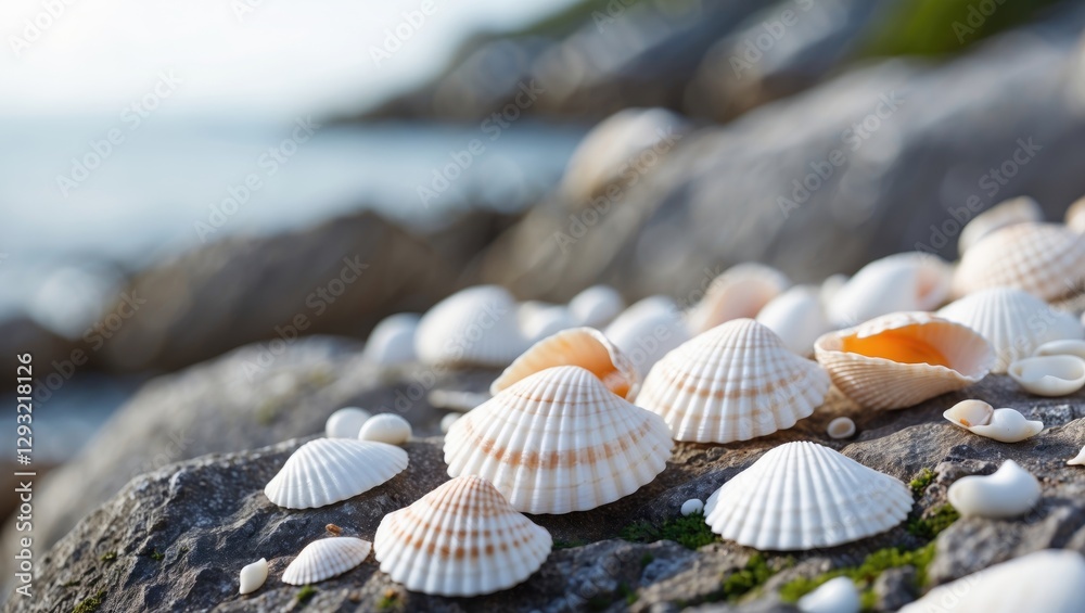 Poster seashells on coastal rocks with selective focus and soft background ideal for text overlay and natur